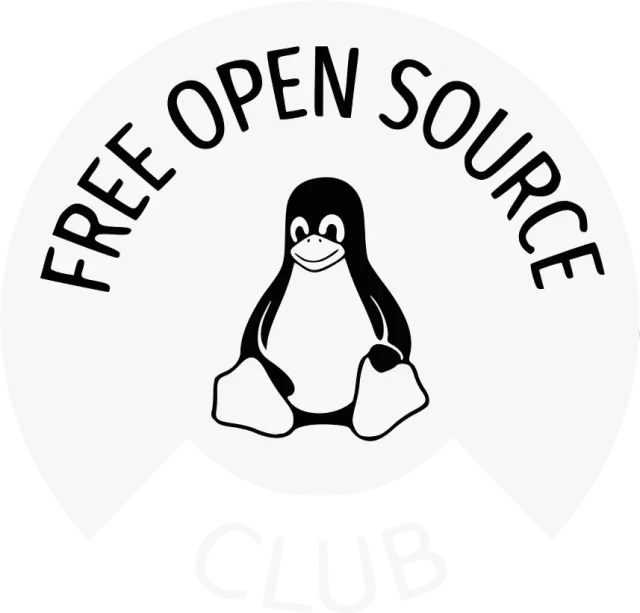 Original FOSC badge: Tux inside a white roundel reading Free Open Source Club, with a transparent notch and white CLUB lettering
